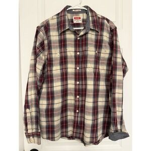 Wrangler Men's L Plaid Red Cream Blue Flannel Long Sleeve Flex Button-Up Shirt